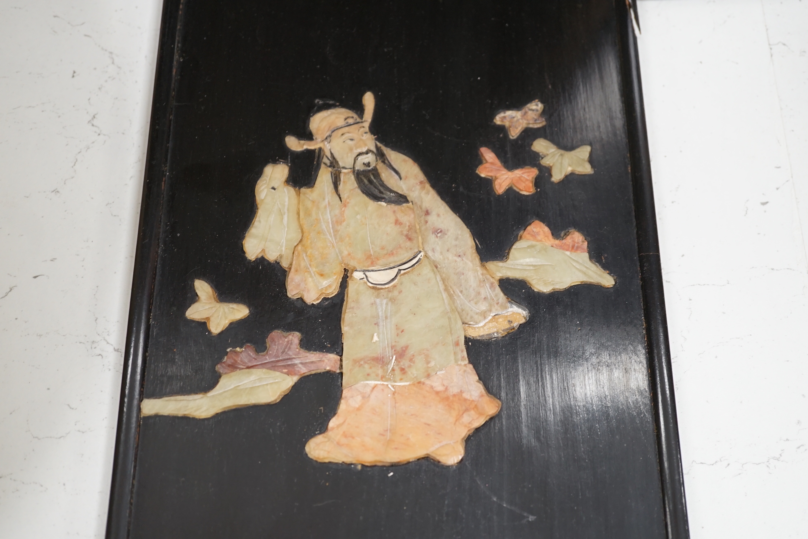 Two Chinese hardwood and soapstone panels depicting immortals, largest 73cm high